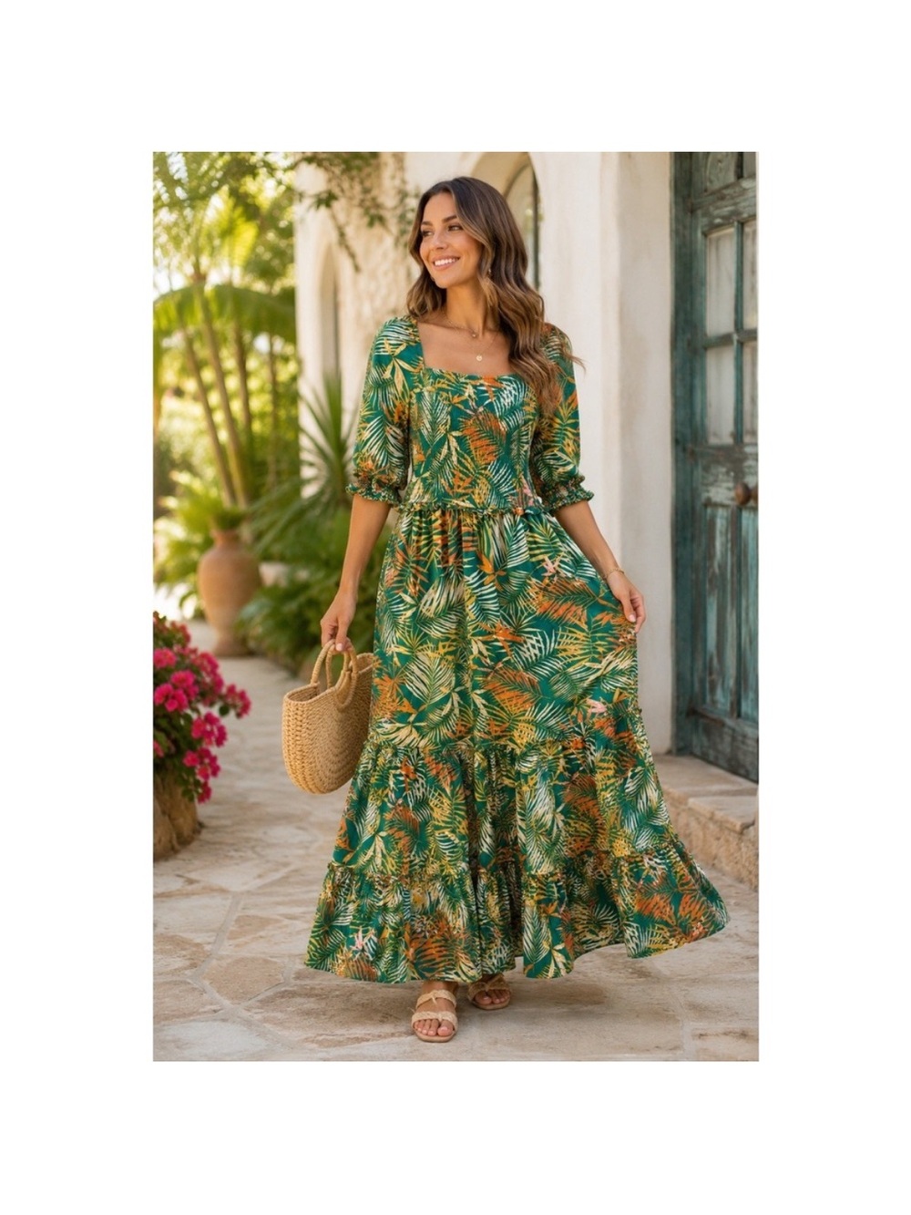 Betsey Johnson Pepper Green Tropical Leaf Print Maxi Dress NWT Size XL